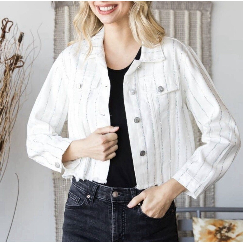 Veveret Cropped White Denim Jacket Rainbow Rhinestone Stripes Raw Hem Size Small